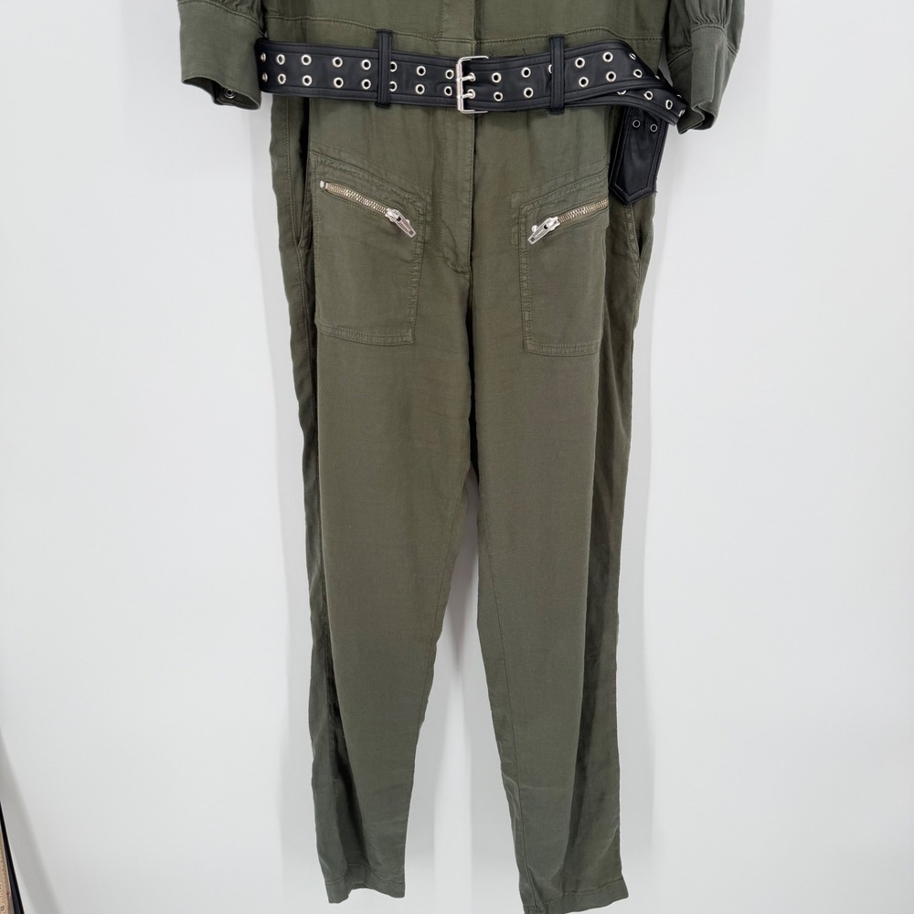 The Kooples Jeans Utility Jumpsuit Olive Green Linen Blend Belted Snap Front 2 M - Picture 12 of 16